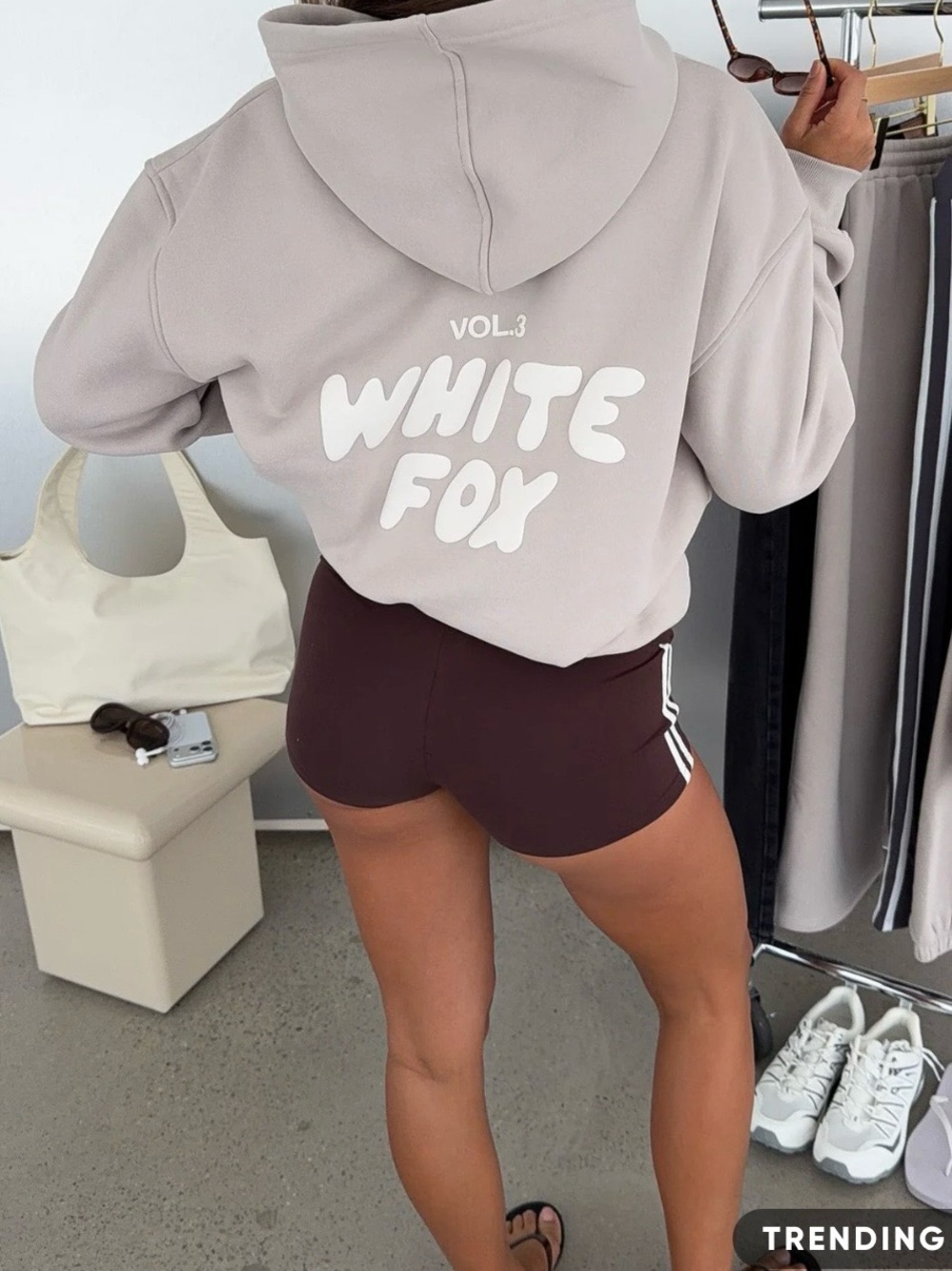 White Fox Boutique offstage Taupe Logo Hoodie with White Print